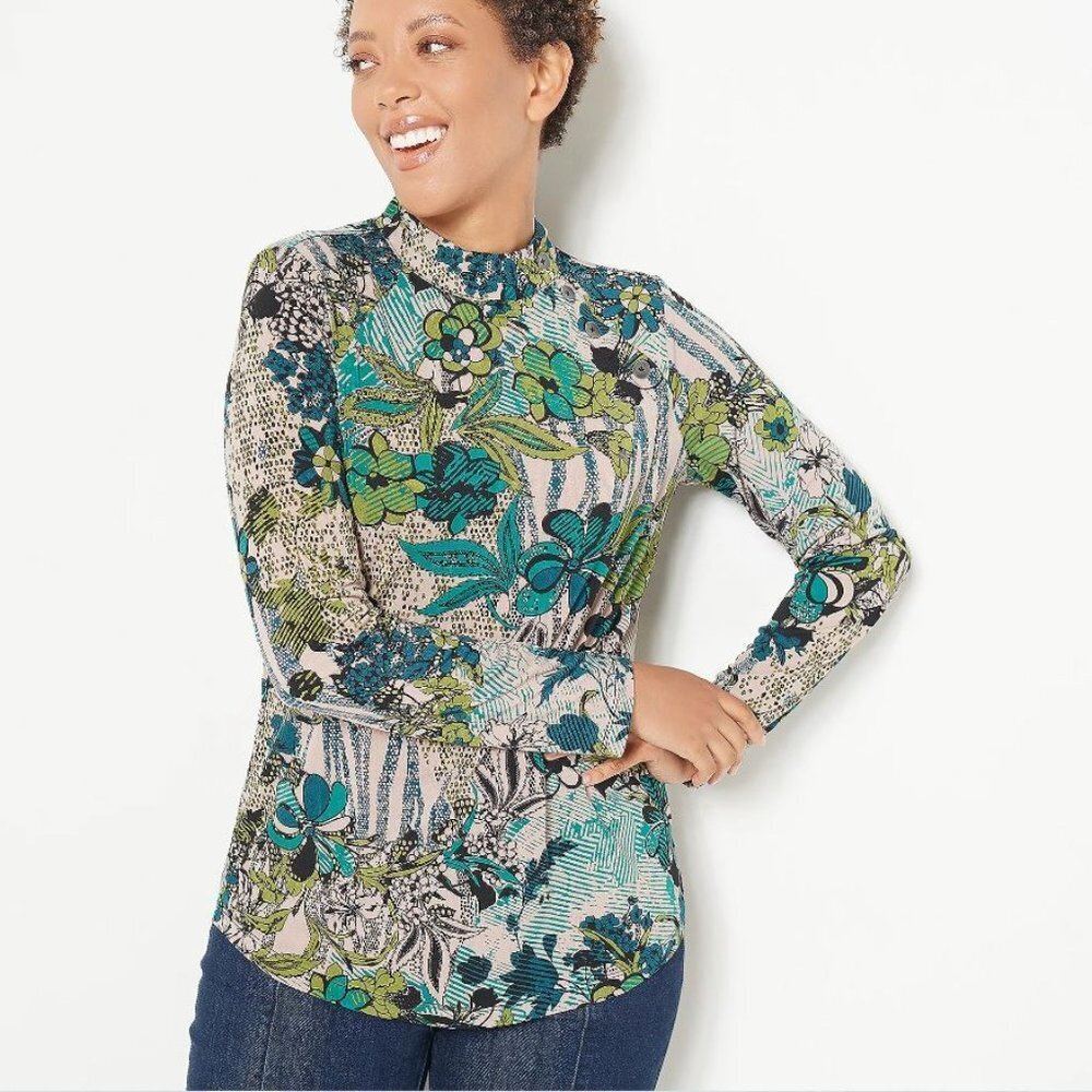 New Susan Graver Mallard Printed Liquid Knit Mock-Neck Top Button Detail Size S